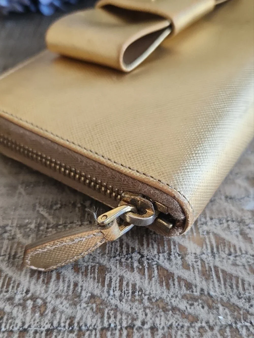 Prada Metallic Gold Bow Zip-Around Wallet